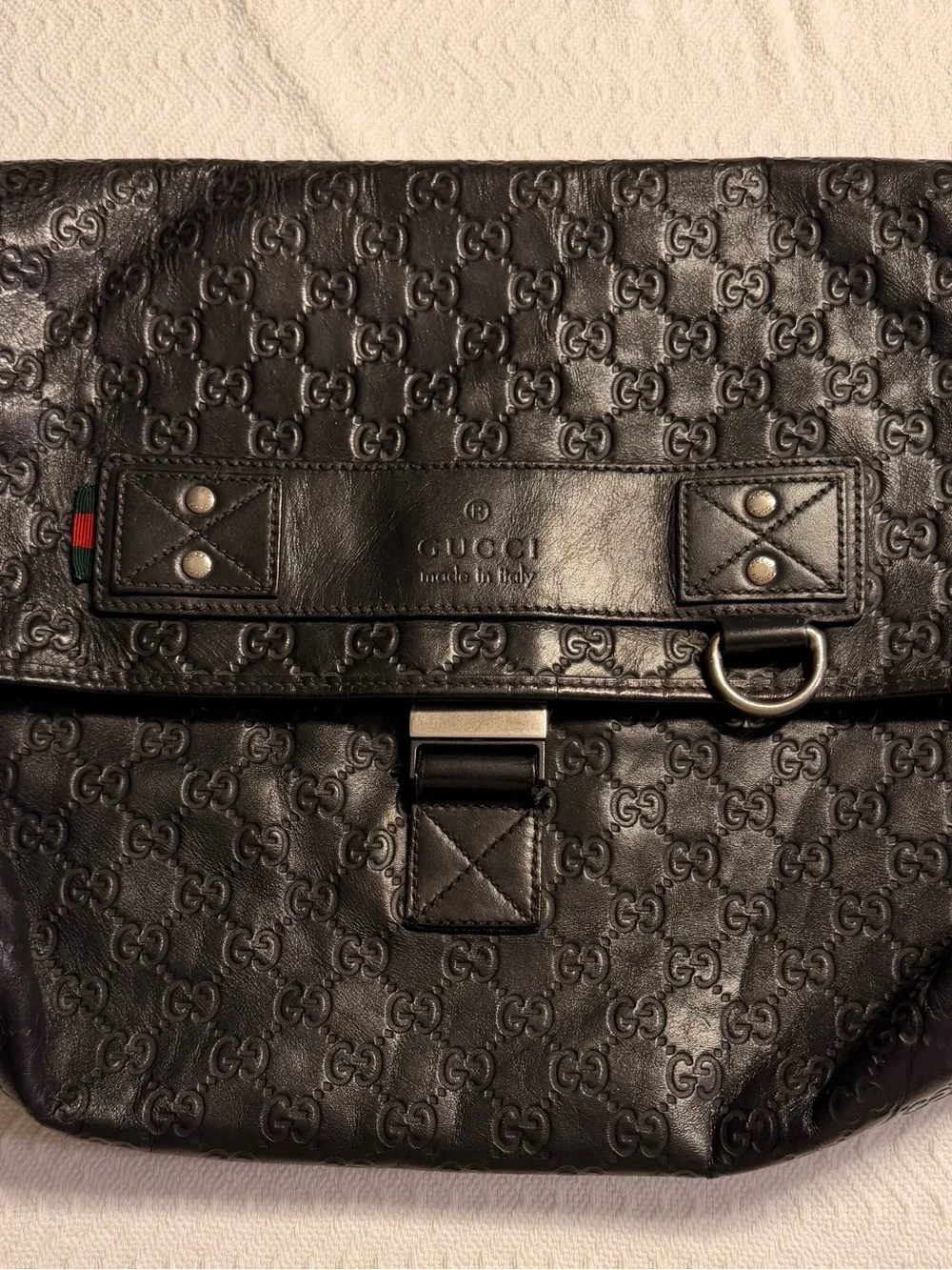 Gucci Black Embossed GG Leather Duffel with Green-Red Web Detail
